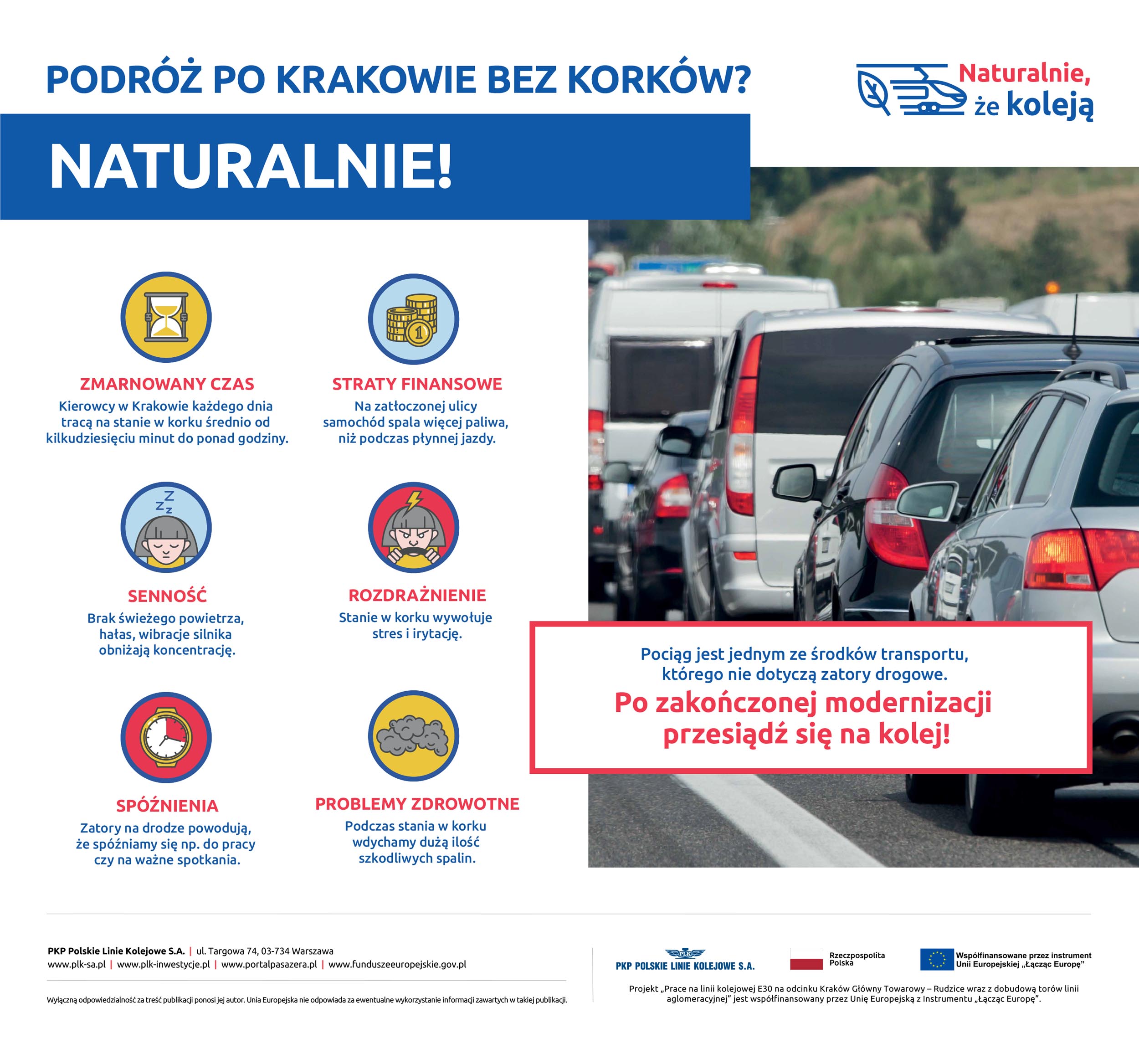 Infografika z cyklu Naturalnie, że koleją obrazująca negatywne skutki podróży samochodem po zakorkowanym Krakowie.
