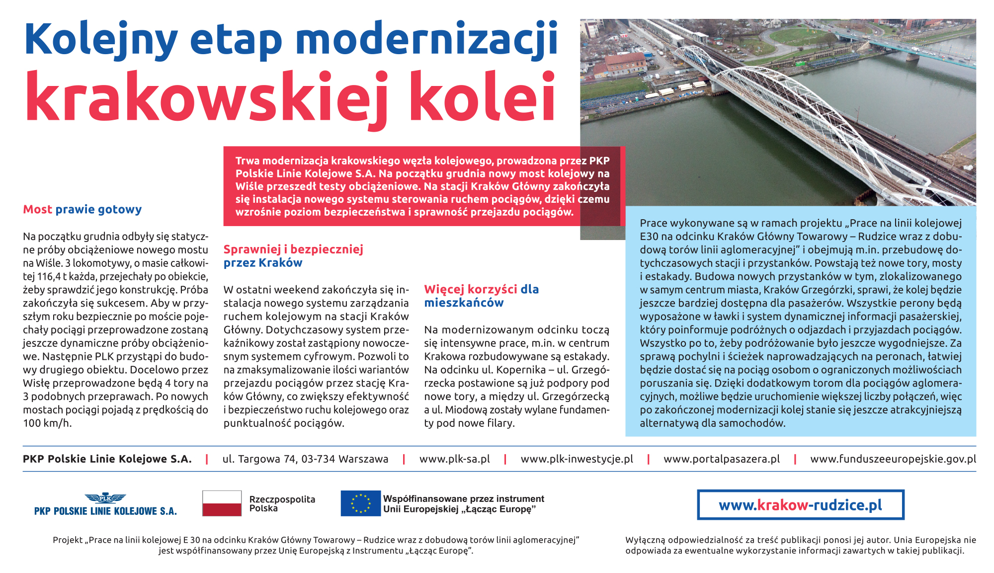 Artykuł opublikowany 17 grudnia 2019 r. w Gazecie Krakowskiej i Dzienniku Polskim. Zawiera zdjęcie mostu kolejowego na Wiśle wykonane z powietrza.